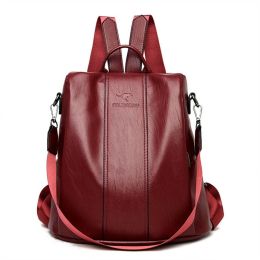 Ladies Anti-theft Soft Leather Backpack Women Vintage Shoulder Bag High Capacity Bag (Color: Burgundy)